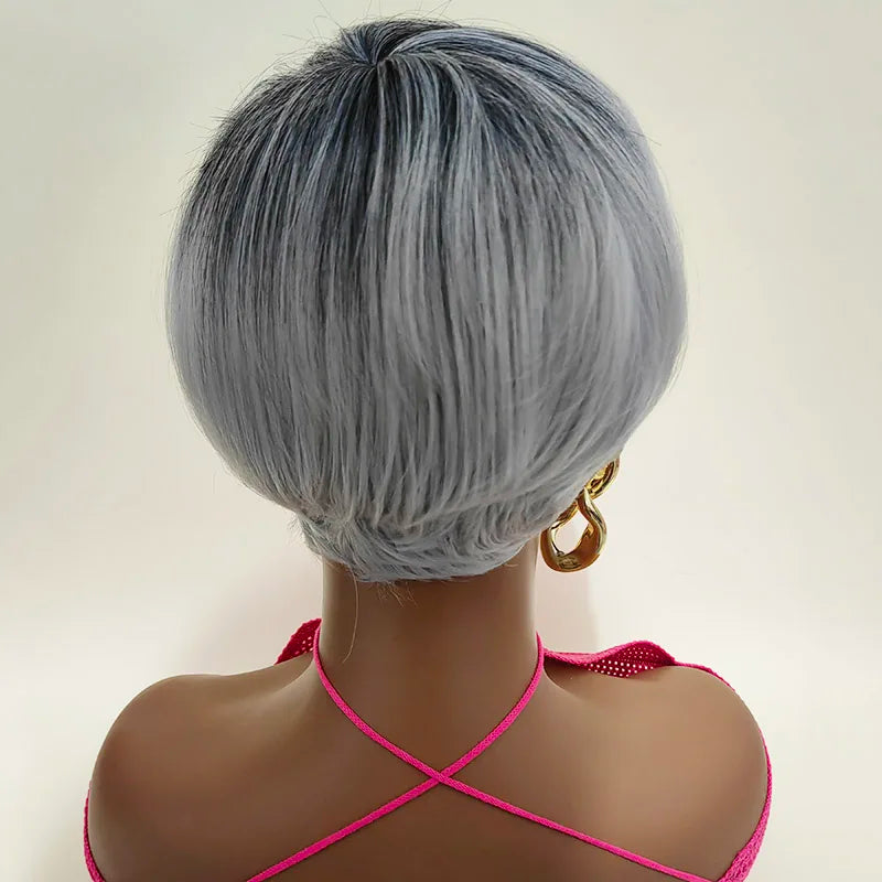 Short Natural Wave Pixie Gray New Comfortable African American Wig Capless Synthetic Hair Wig Women's All Grey / For Black Women