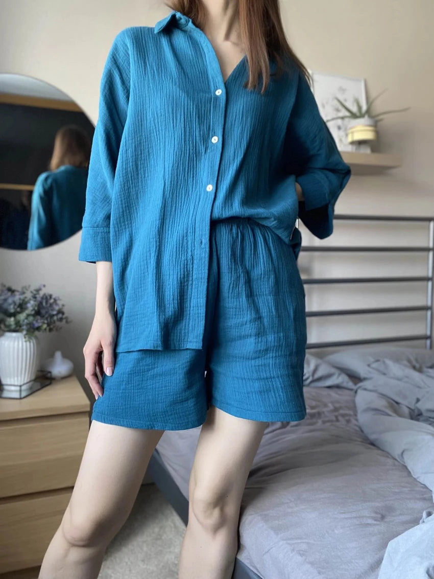Cotton Pajamas For Women Sets Suit Casual Sleepwear Turn-Down Collar Nine Quarter Sleeve Sleep Tops Shorts Female Homewear 2023