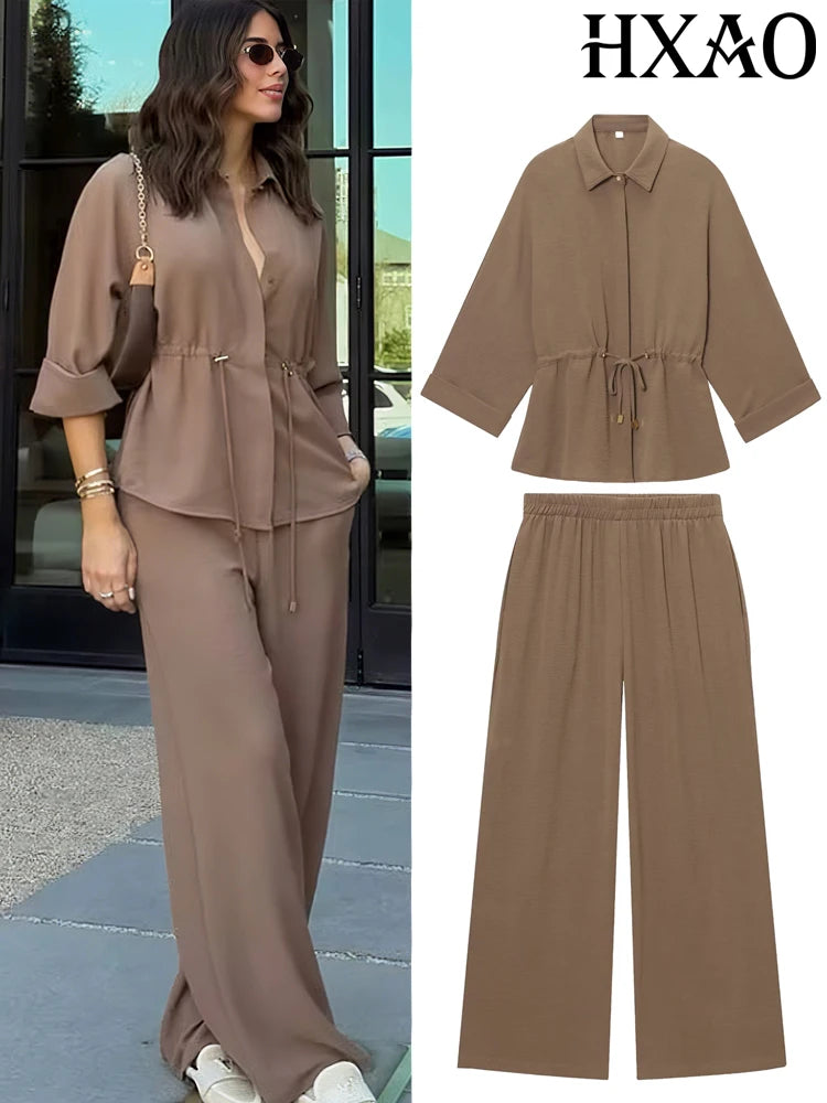 Pant sets Summer Women's Suit Shirts & Blouses Tops Trouser Women's Two Pieces Set Brown Short-sleeved Shirt Female Pantsuit