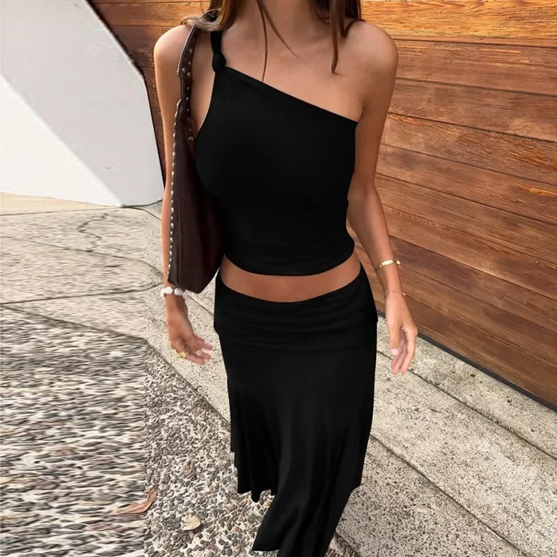 Fashion Pleated 2 Piece-Set Long Skirt For Women Off-Shoulder Cropped Pullover Top And Slim Long Skirt Sets Female Outfits