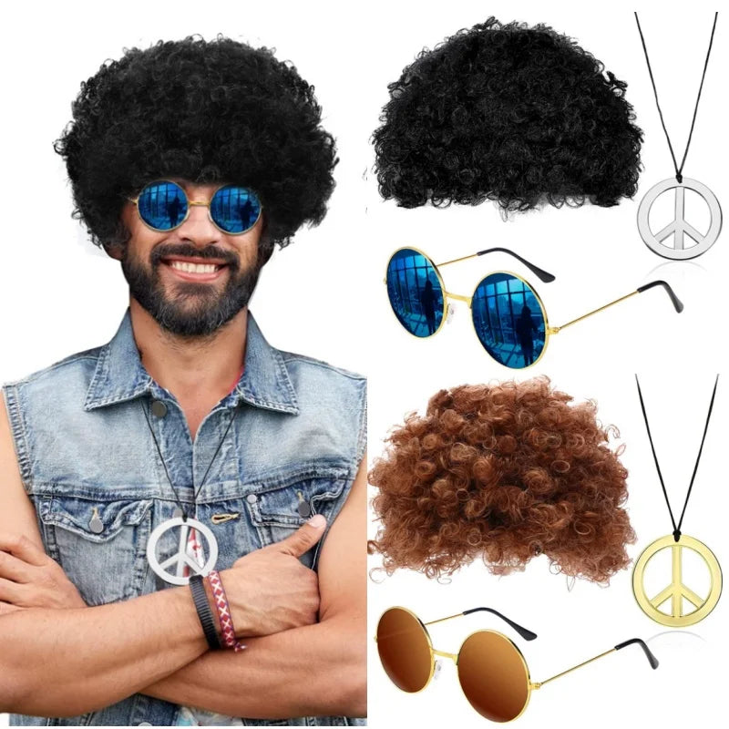 Perruque Synthétique Homme Chapeau Cheveux Bouclés Casquette Lunettes de Soleil Collier Set 3 Pièces Drôle Années 70 Disco Hippie Accessoires Cheveux Fête Costume de Danse Hip Hop