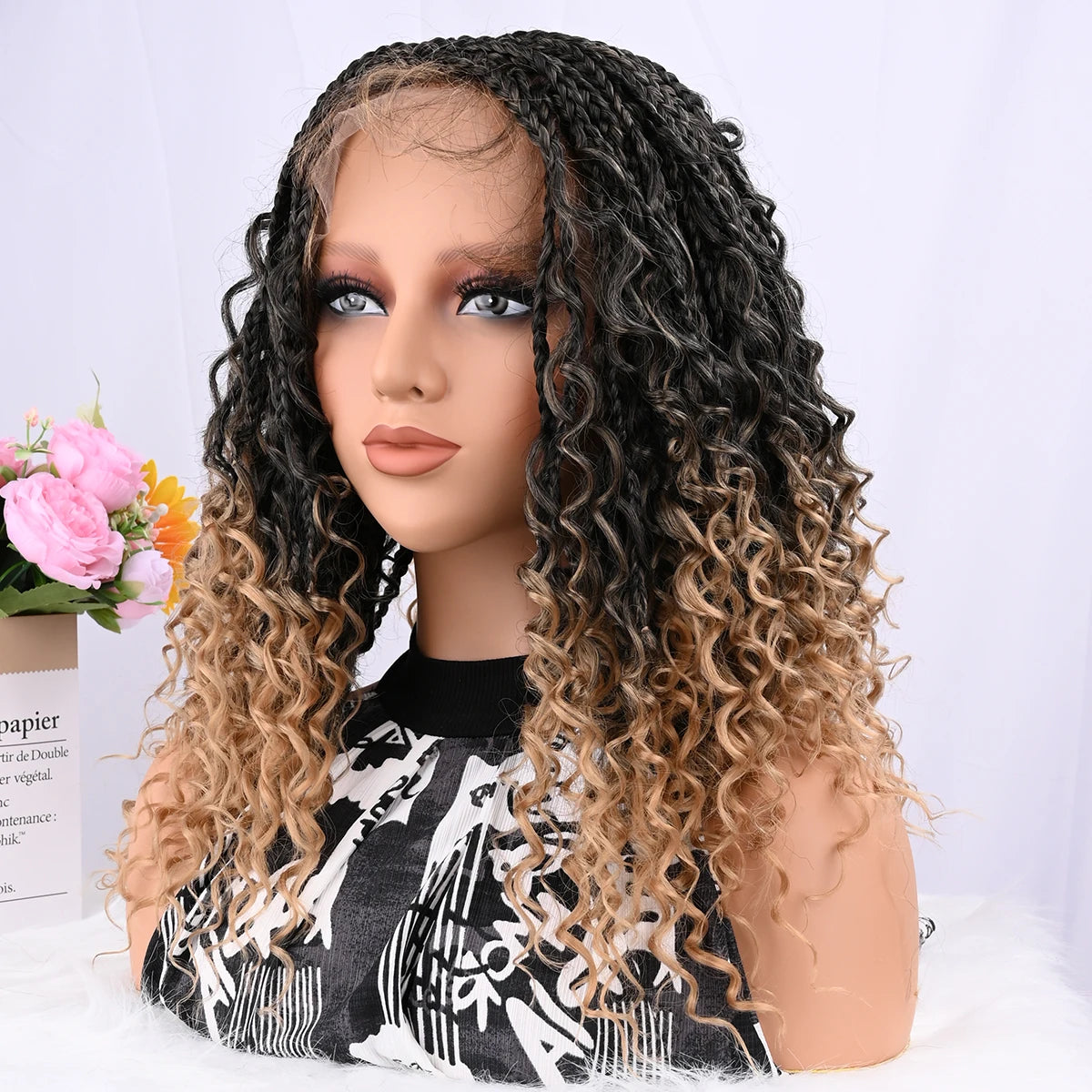 Peluca trenzada corta bohemia boho con trenzas de caja, pelucas trenzadas boho de encaje completo, cabello sintético rizado con pelo de bebé para mujeres negras