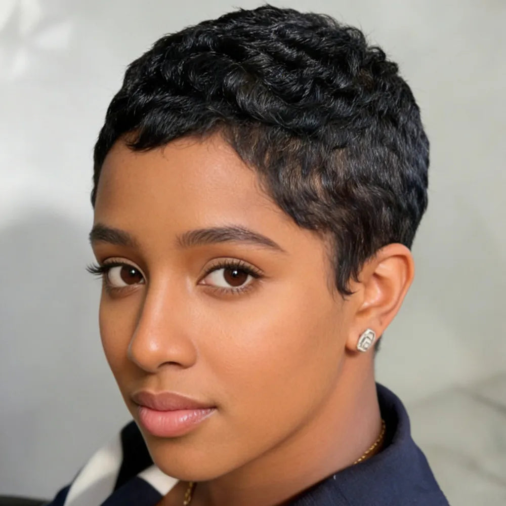 blonde brown black burgundy color for women daily party use wig pixie cut machine made short straight layered human hair wi