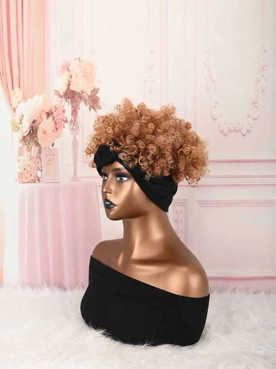Headband Wig Curly Headband Wig With Bangs For Women Synthetic Afro Curly Hair Wig With Headband Attached Short Kinky Curly Afro High Puff With Bangs Stripes Short Red Curly Wigs with Bangs for Women, Natural Wavy Synthetic H