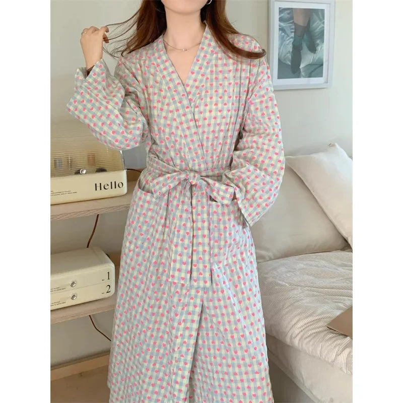 Bata de baño para mujer, estilo kimono largo y holgado, con cuello en V, cordones, pantalones a cuadros, bata de dormir sexy para mujer/niña.