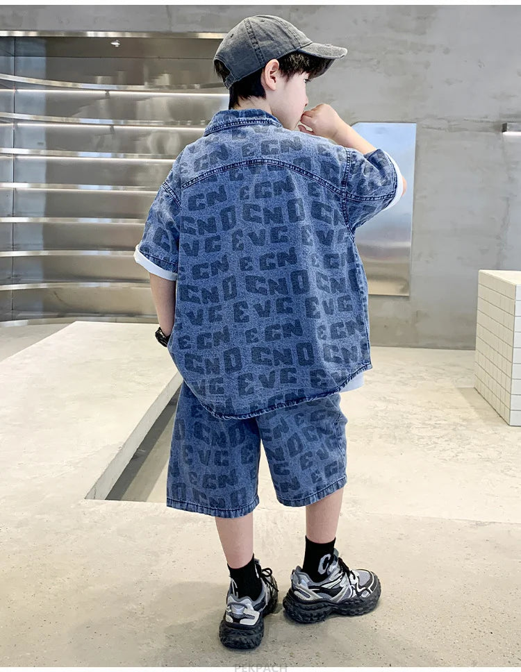 Conjunto de ropa casual de verano para niños Camisa y pantalón corto vaquero de 2 piezas para adolescentes y niños Traje de estilo urbano fresco