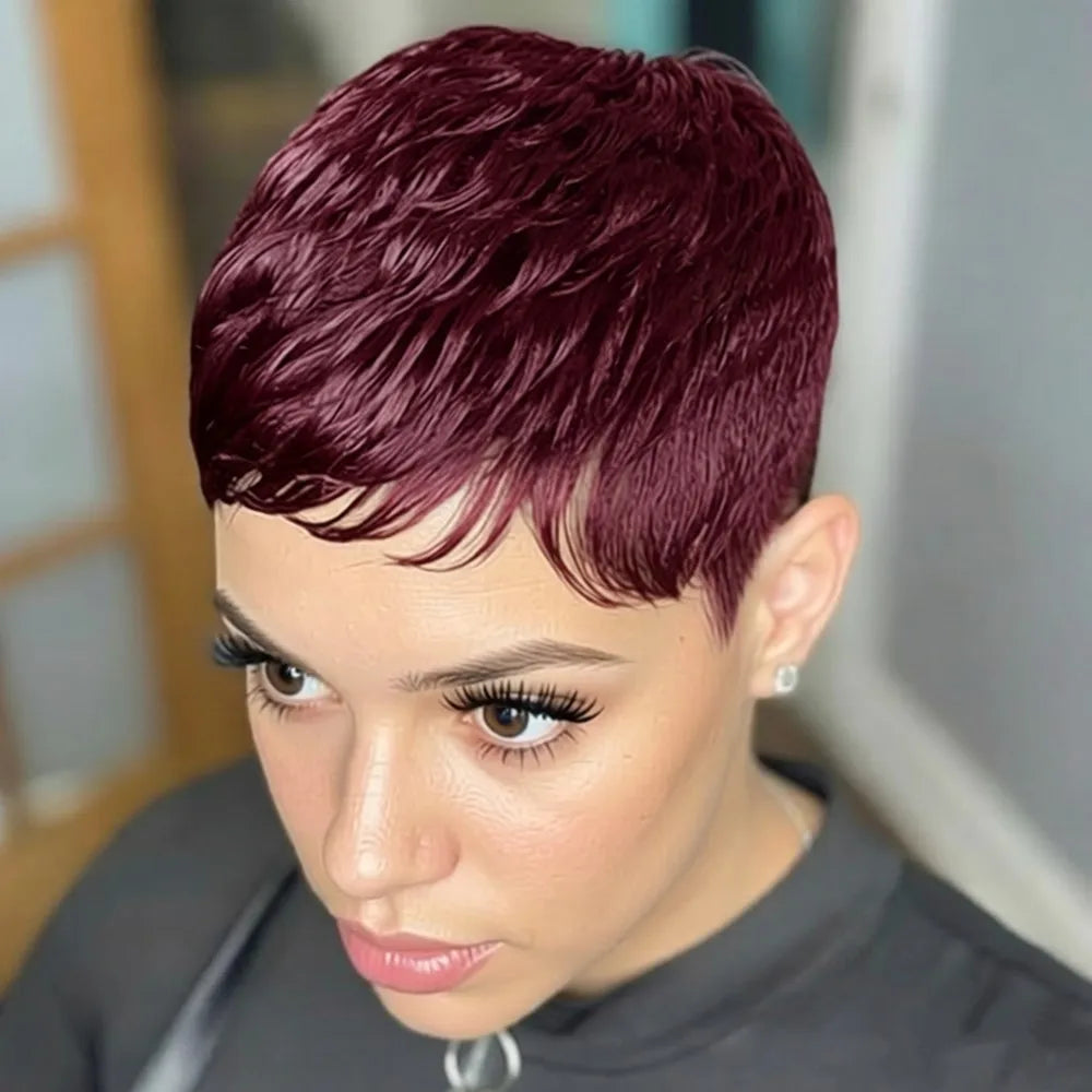 pixie daily party use layered human hair wig machine made wig pixie cut wig short straight brown black burgundy color for women