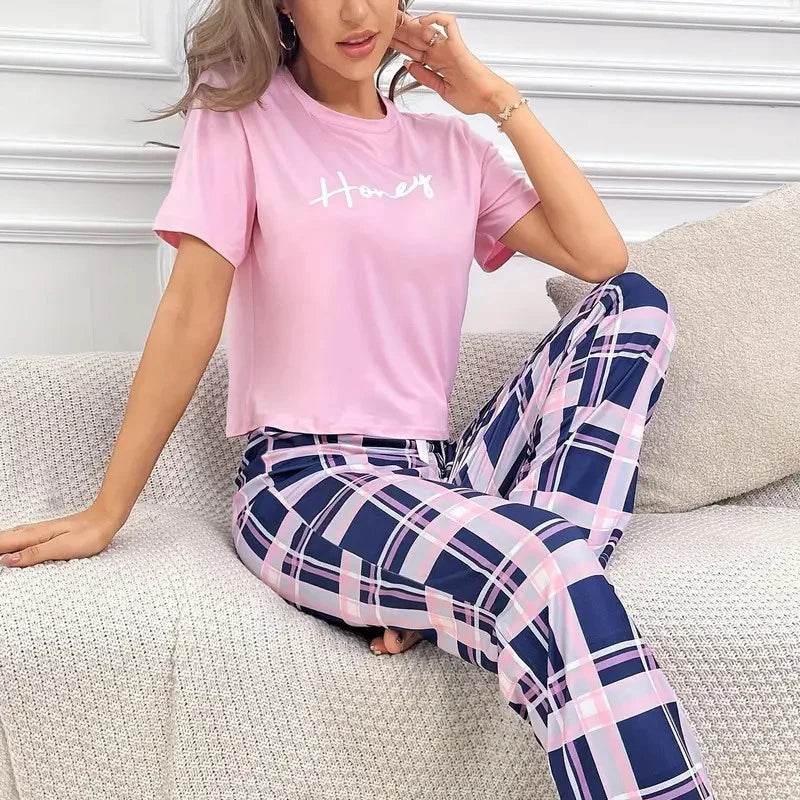 Women's Pajamas Set Soft Comfortable Letter Print T-Shirt & Plaid Long Pants Sleepwear 2 Pieces Home Clothes Loungewear Pyjama