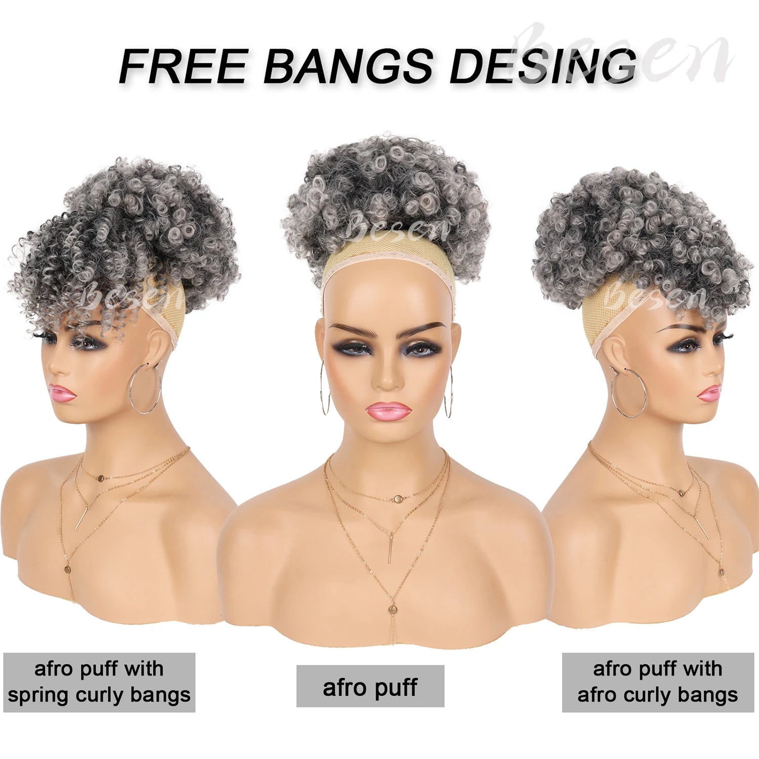 Queue de cheval afro synthétique avec cordon de serrage et frange remplaçable, chignon afro court avec 2 franges, postiche à clipser.