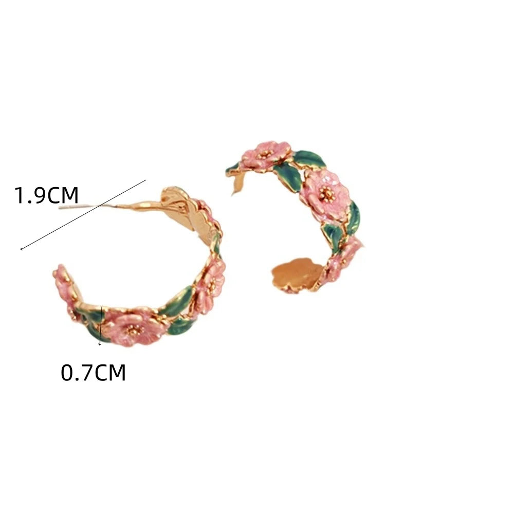 Rose Branch Flower C-shaped Drop Earring for Women Sweet Romantic French Glaze Temperament Creative Jewelry Accessory