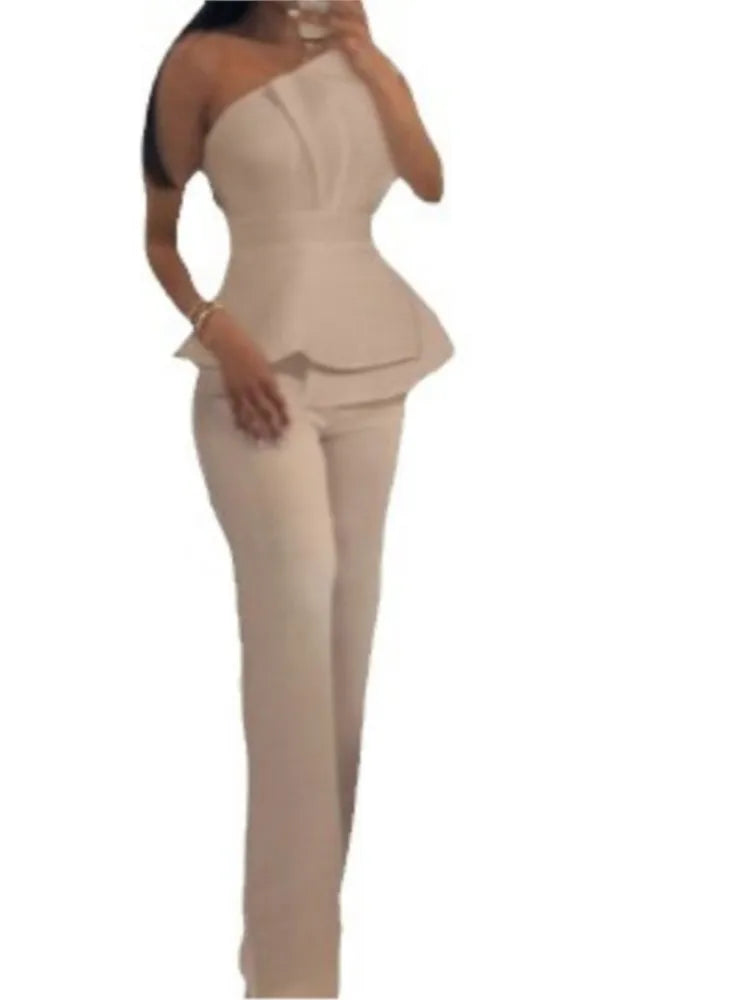 Women's Two-piece Sets Spring And Summer Single-shouldered Wrinkled Sleeveless Top & High-waisted Straight Pants 2pcs Set