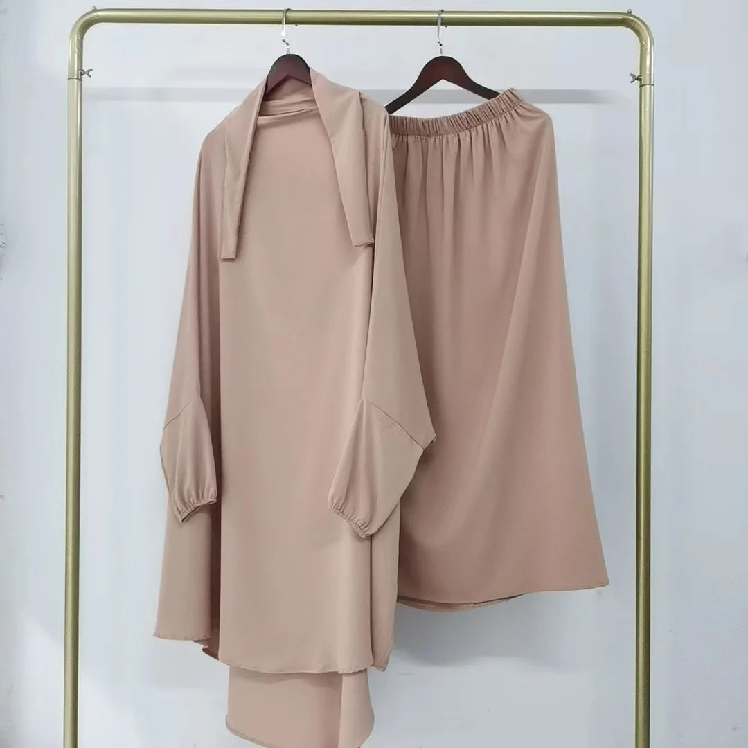 Skirt 2 Piece Sets Eid Muslim Women  Modest Outfits Tops Hooded Long Skirts Ensemble Ramadan Morocco Dubai Islam Suit