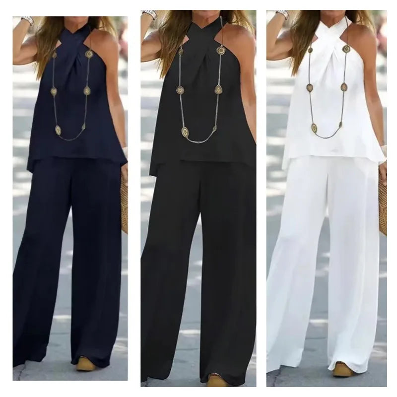 Women's Clothing  New Fashion Casual Halter Neck Solid Color Sleeveless Suit Wide Leg Pants Trousers Two-piece Suit