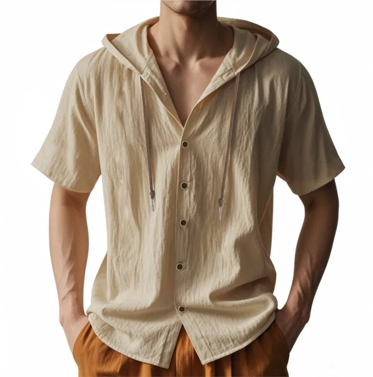 Men's Short Sleeve Shirt Cotton Linen Solid Color Shirts Men Hooded Casual Shirt Man Single Breasted Tops Men Breathable Shirt