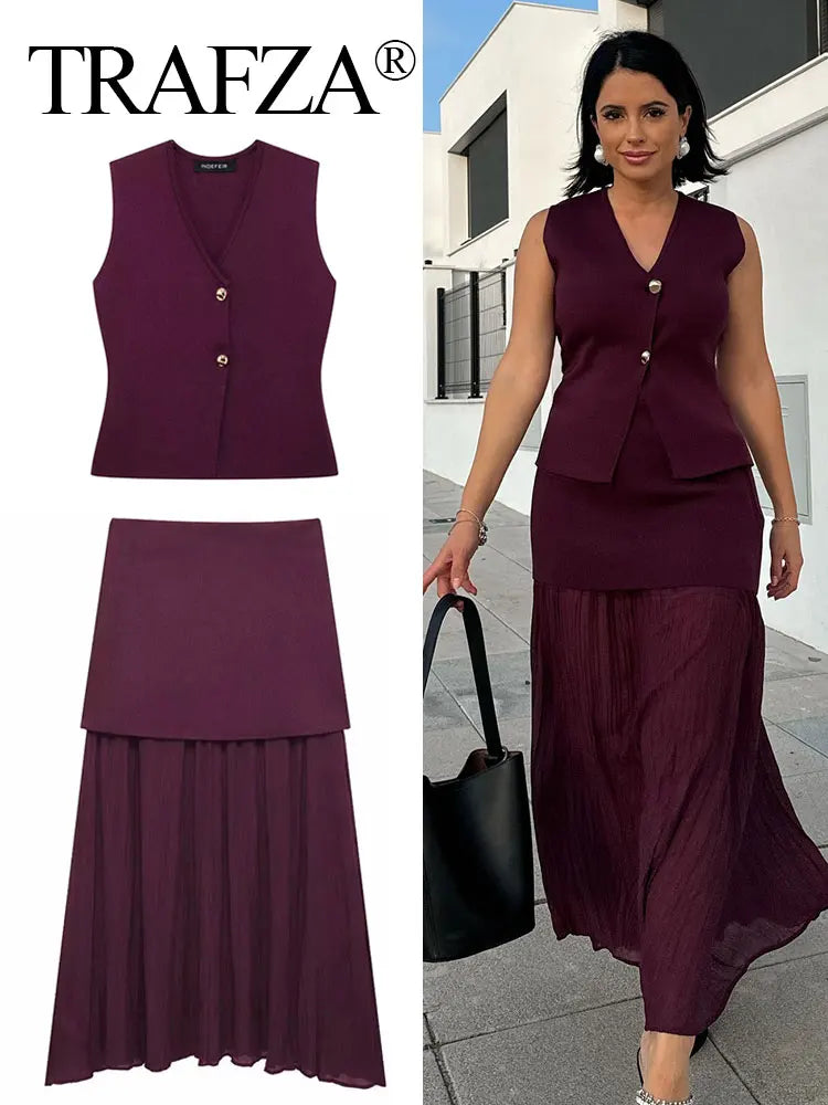 TRAFZA Women Skirt Set Wine Red Knitted V-Neck Sleeveless Slim Vest +Solid High Waist Zipper Patchwork Long Skirt Street