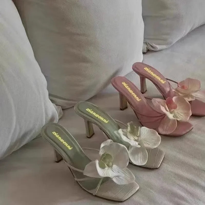 Brand Shoes Female Summer New Elegant Flowers Design Women's Slippers Casual Fashionable Outer Wear High Heel Slides Women