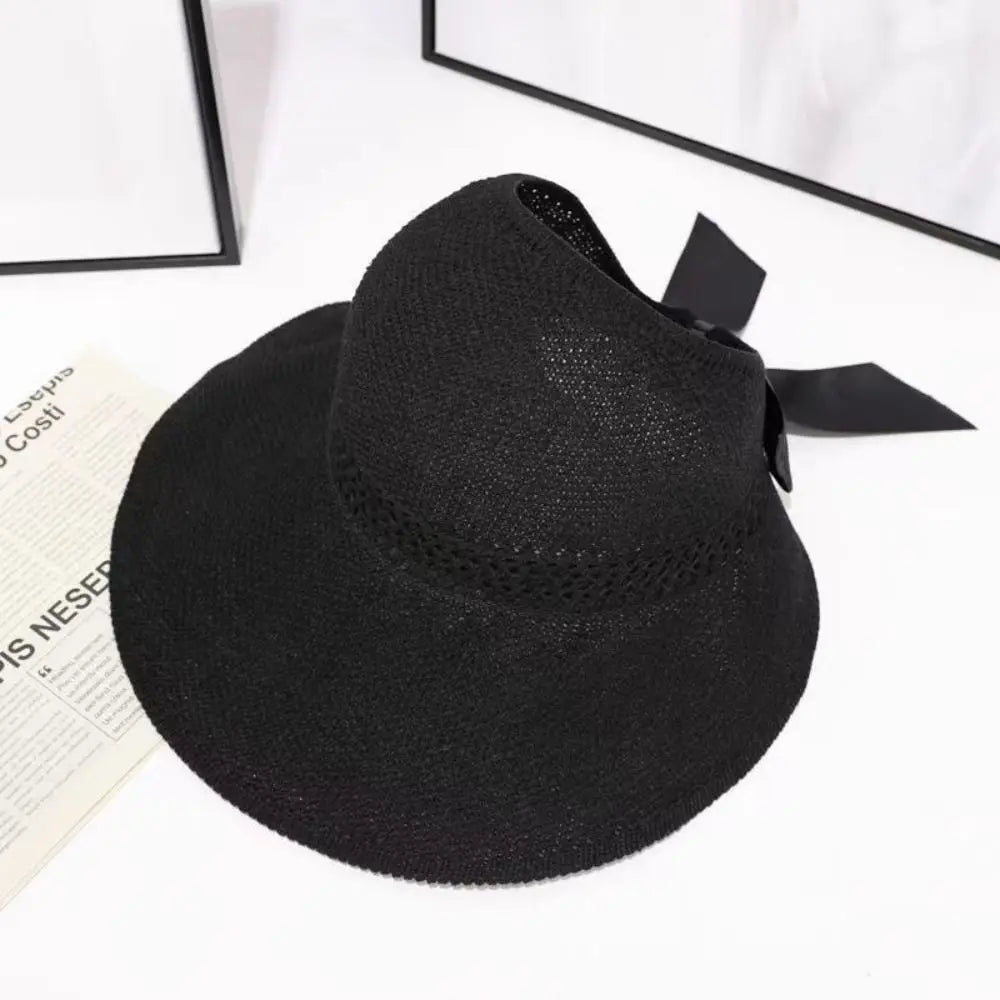 Chapeau de soleil à nœud creux tendance pour femme, large bord, queue de cheval, casquette de plage, protection UV, crochet