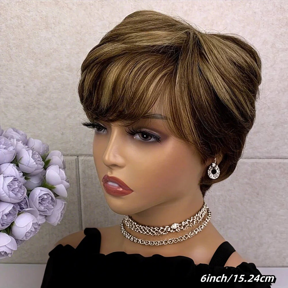 Short Pixie Cut Wig Human Hair Wig Ombre Blonde P4/27 Natural Look Easy Styling Machine Made Wig for Women