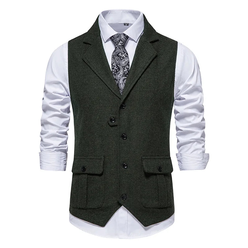 Men Suit Vest Herringbone Fabric Waistcoat Business Wedding Casual Turndown  Collar Men's Dress Blazer Vests Formal Party V07