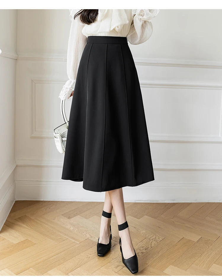 Women's Skirt Spring Women High Waist Solid Vintage Girl's Waist Down Skirt Knee-length A-line Fashion Thin Skirt for Women