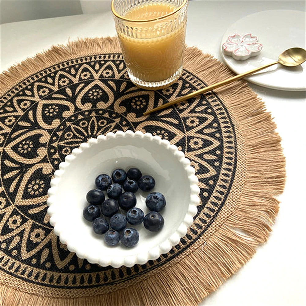 Vintage Pastoral Round Cotton Linen Placemats Handwoven Jute Tassels Placemats Soft Non-slip Table Pads Vase Mats Accessories