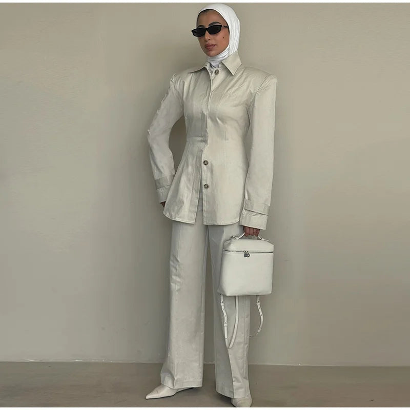 Chic Single Breasted Pants Sets Women Lapel Full Sleeve  Slim Waist Tops Straight Pants  Autumn Lady Street Commute Suits