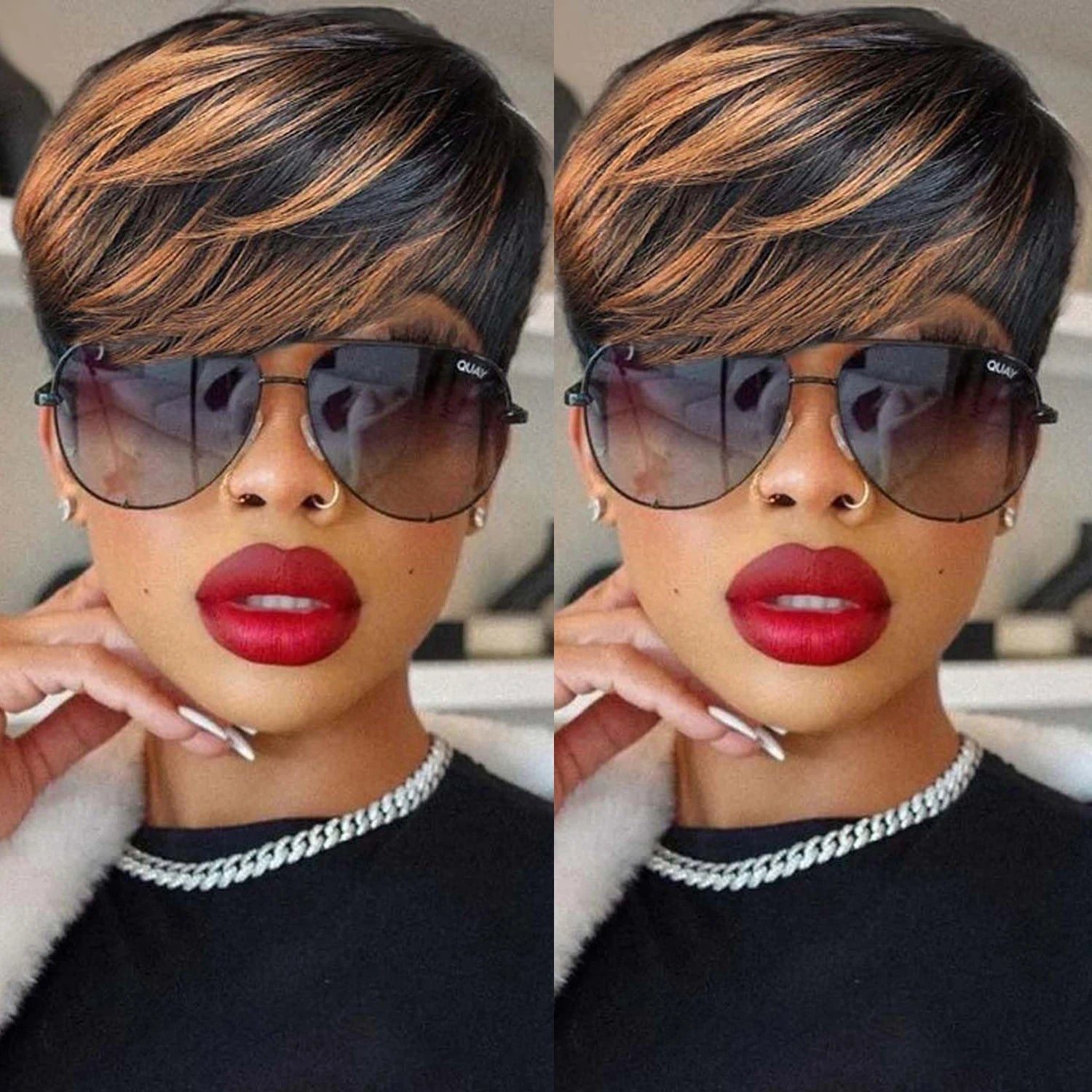 Short Pixie Cut Human Hair Wig – 1/30 Highlights with Bangs