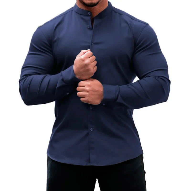 Men's  Casual Shirt Slim Fit Micro-elastic Long Sleeve Comfortable Versatile Stand Collar Tops Camisas  Men Dress Shirt