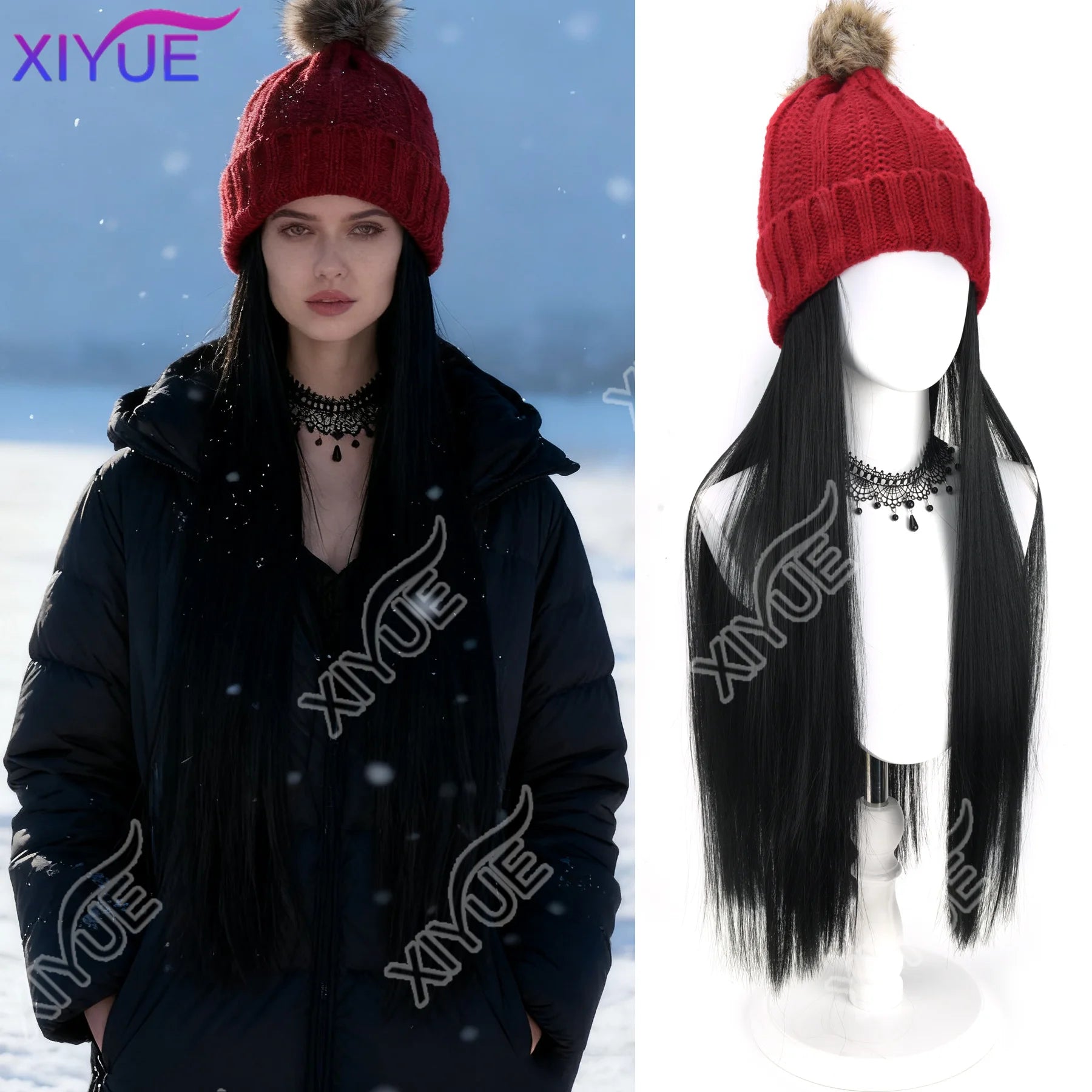 Sombrero de peluca de ala ancha sintético negro con correa para peluca de mujer, peluca sintética larga con ondas de agua, gorro de esquí cálido de felpa tejida para otoño e invierno