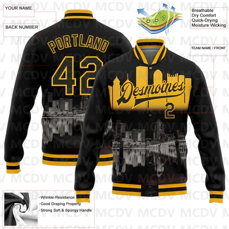 Pittsburgh City Edition Varsity-jakke – Tilpasset 3D-bomberjakke i svart og gull