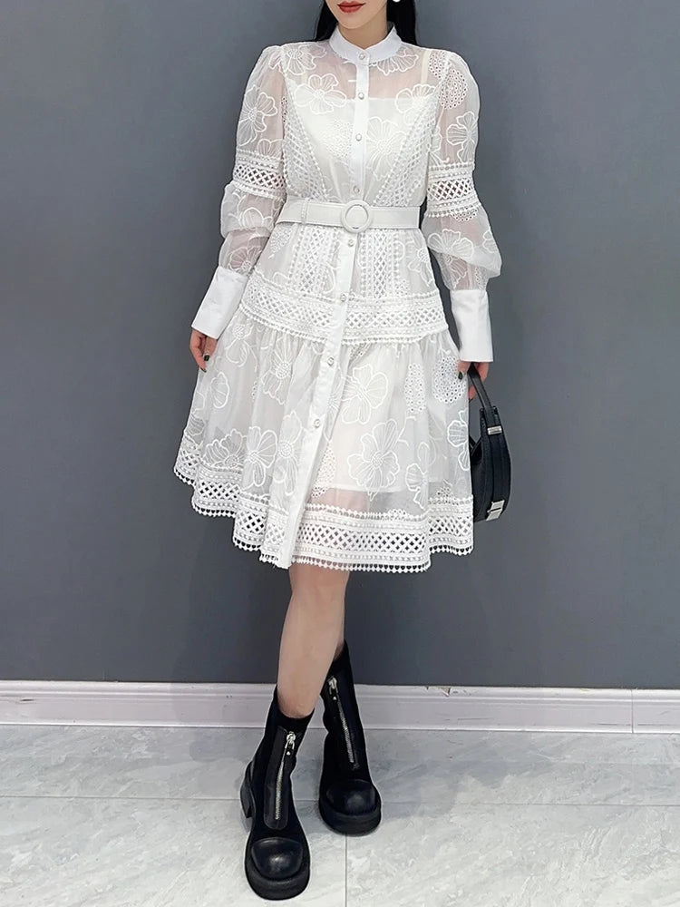 Luxury Women Lace Shirt dress White Black  New Vintage embroidery Lantern sleeve dresses with belt Sexy clothes INKEO 4D062