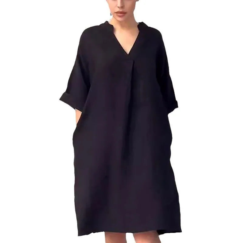 Fashion Cotton And Linen Women's V-neck Loose Dress Spring And Summer Solid Color Casual Short Sleeved Pocket Midi Dresses