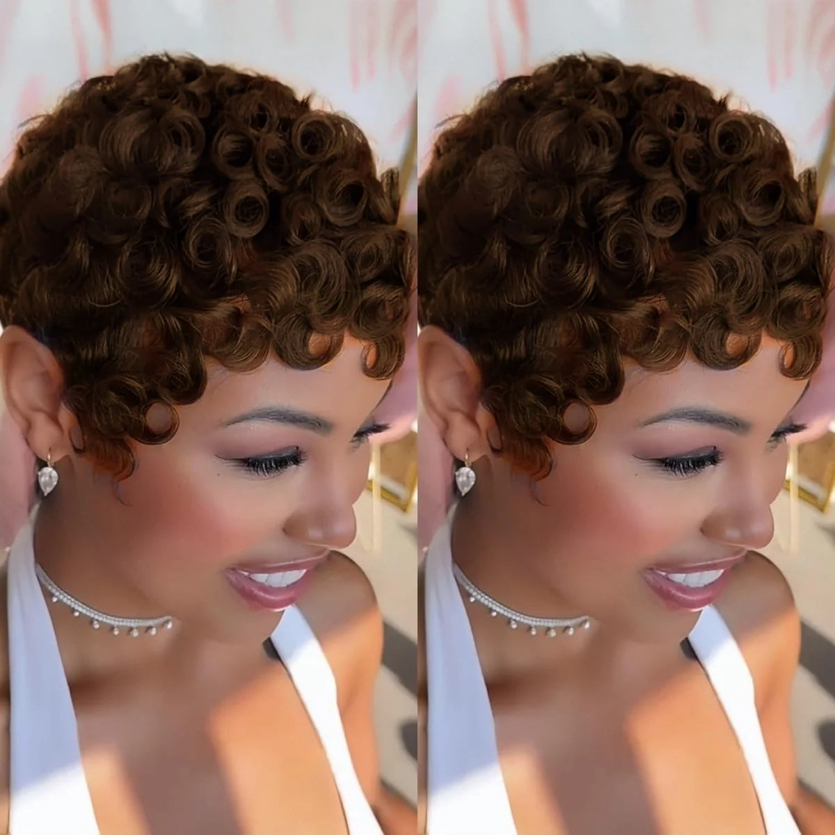 Pixixe Cut Curly Wigs for Women Short Layered Pixie Cut Brazilian Human Hair Wigs Full Machine Wig
