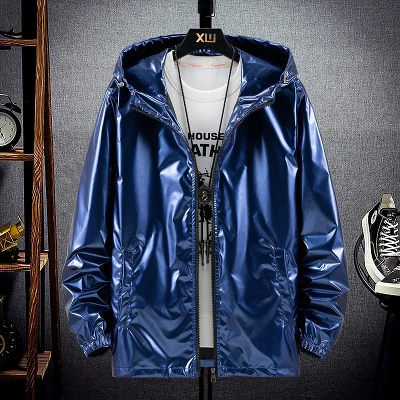 Chaquetas con capucha de superficie brillante para hombre, para senderismo, pesca, deportes al aire libre, cortavientos, estilo fino, abrigos de tendencia, ropa de hombre 7XL