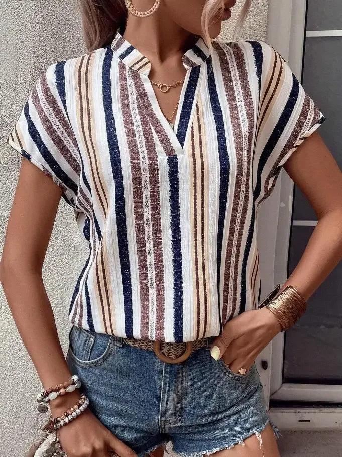 Women's Tops Blouses New Summer Casual Fashion Striped Print V-neck Short Sleeve Shirt Elegant Women Shirts Tops Streetwear