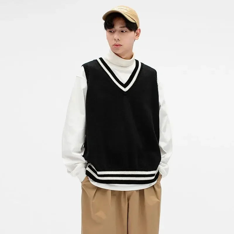 Knit Vests for Men V Neck Casual Vintage Sweater Man Korean Style Original Aesthetic Popular Clothes New In Y2k Open Waistcoat