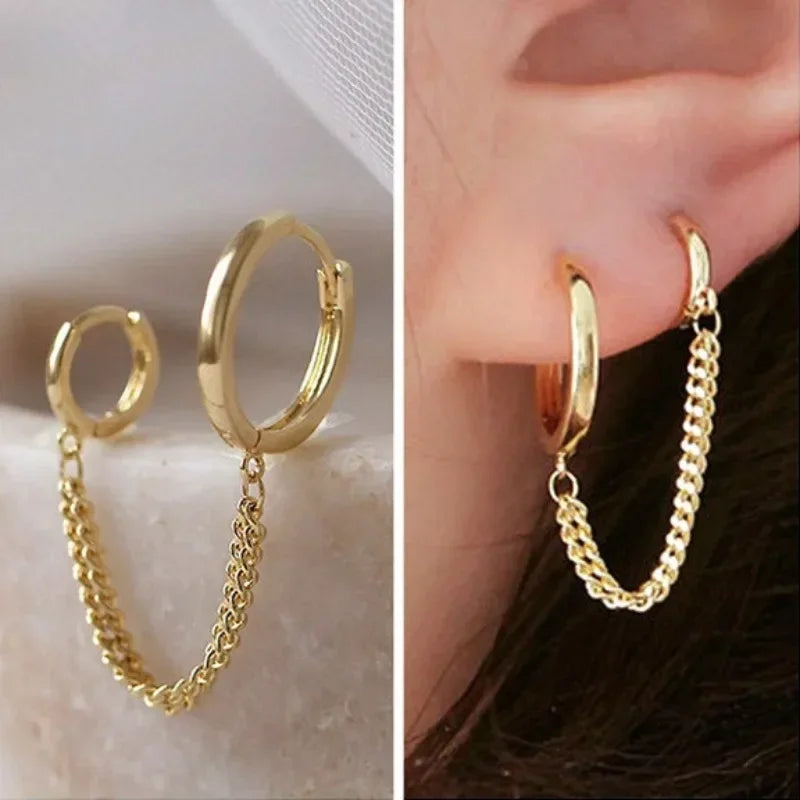 1PCS Stainless Steel Double Ear Hole Link Chain Hoop Earring for Women Ear Jewelry Accessories Gift Wholesale 귀걸이 Aretes