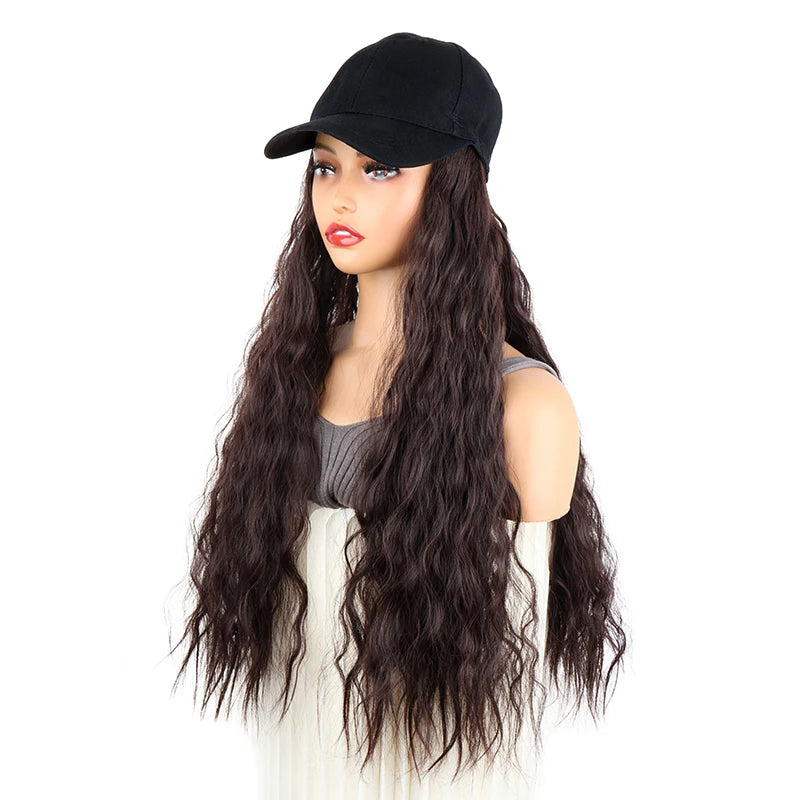 24Inch Synthetic Long Kinky Curly Hat Wig Baseball Cap Adjustable Breathable Hair Extension Wig for Women Easy to Wear