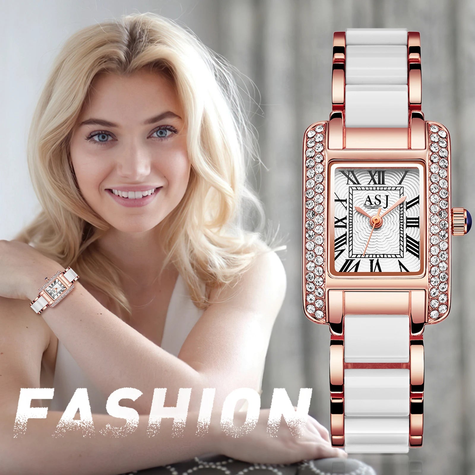 LANCARDO Imitated Ceramic Rectangular Women's Watch Waterproof Easy-to-Read Digital Quartz Splicing White Rose Gold Women Watch