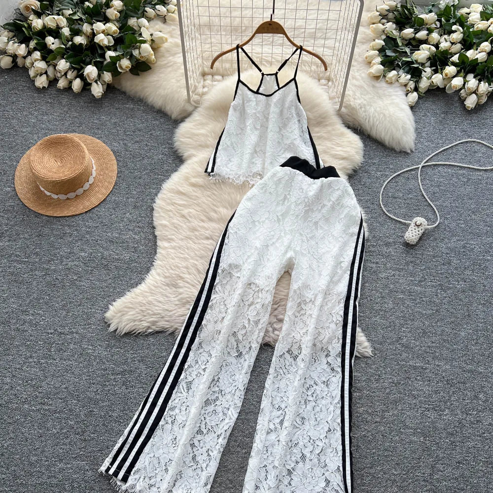 Women Two Pieces Sets Spliced lace Off Shoulder Slip Top and Fashion Hotsweet High Waist Elastic Waist  Wide Leg Pant Sets