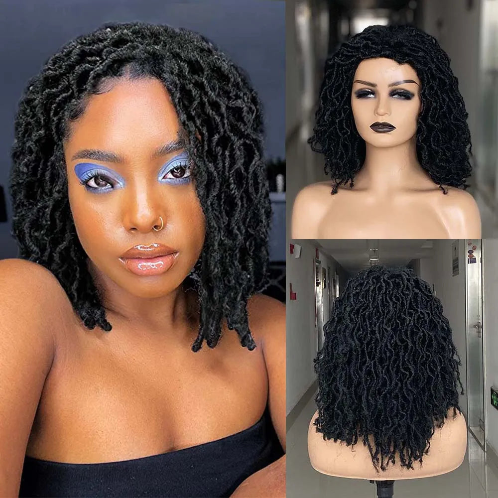 Pelucas cortas trenzadas para mujeres negras, pelucas cortas de rastas, trenzas afro, cabello sintético rizado, pelucas Nu Faux Locs para mujeres negras