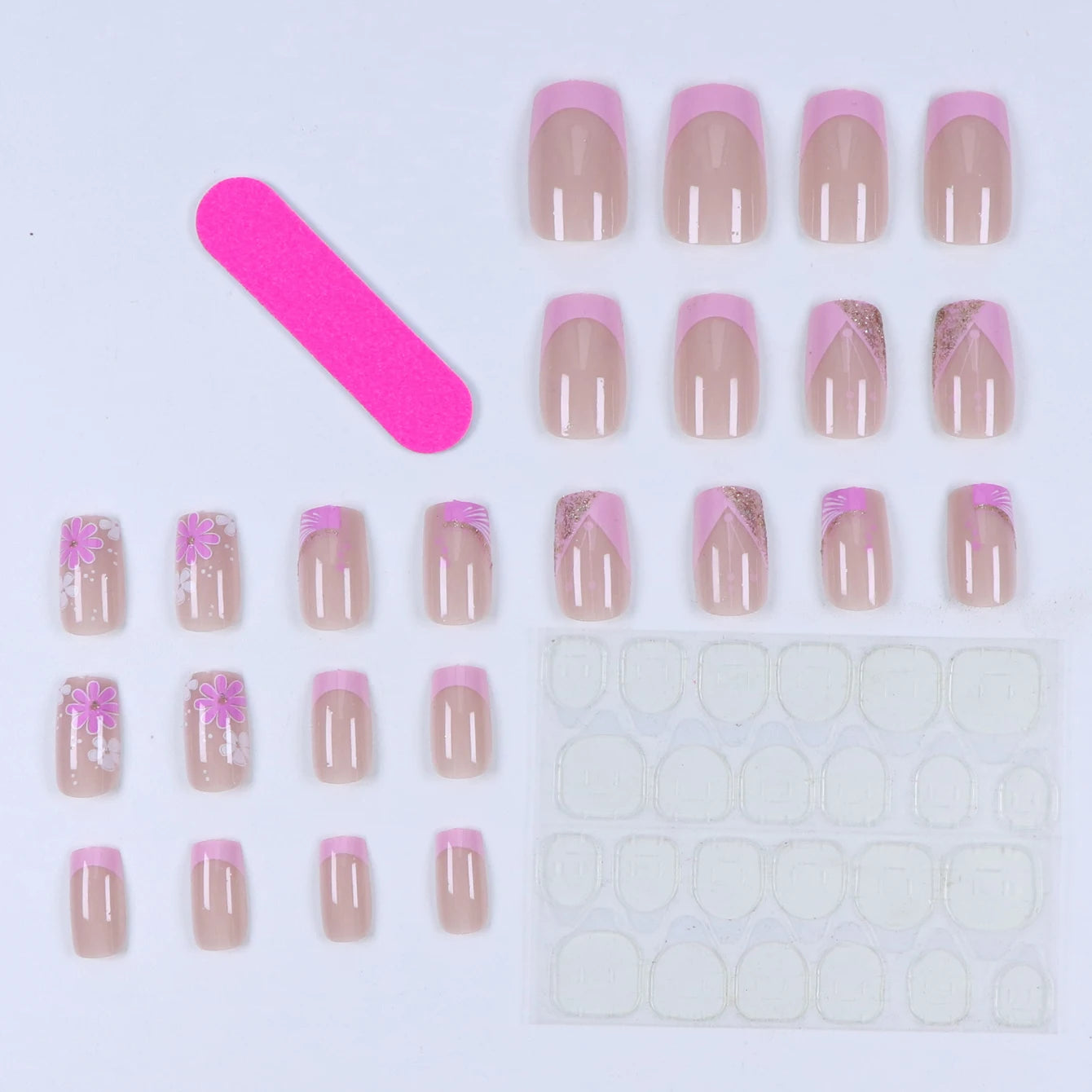 24 pcs short square French simple flower nails +1 nail glue +1 nail file