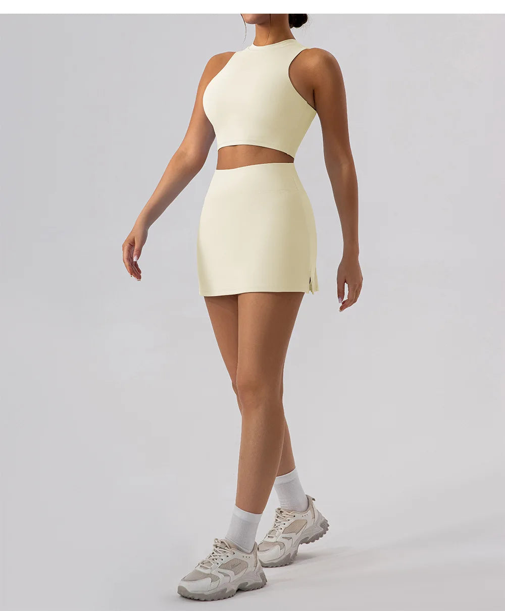 2PCS Yoga Set Sports Hip Short Skirt Women Tracksuit Gym Tennis Skirt Set Workout Sportswear Golf Dance Athletic Sport Suit