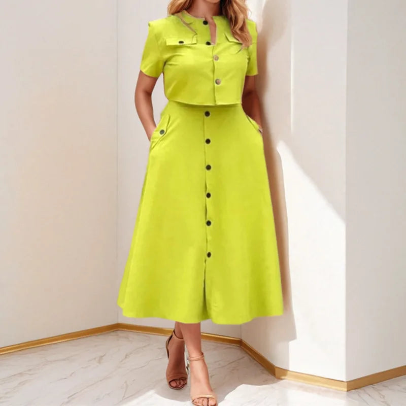 Spring Summer New Women's Clothing Elegant Solid Color Casual Short Top Single Breasted Skirt Fashion Set