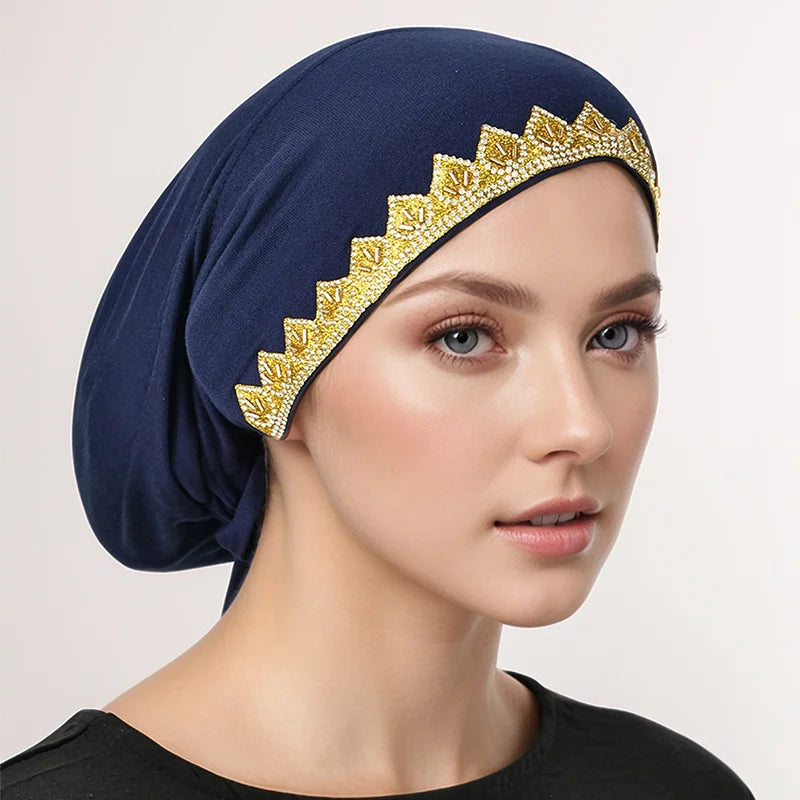 Gorros elásticos con pedrería dorada brillante para mujer, gorros musulmanes con lazo en la parte trasera, hijabs interiores, turbante, gorro con estampado de hojas en caliente, bajo la gorra de diamantes, jersey