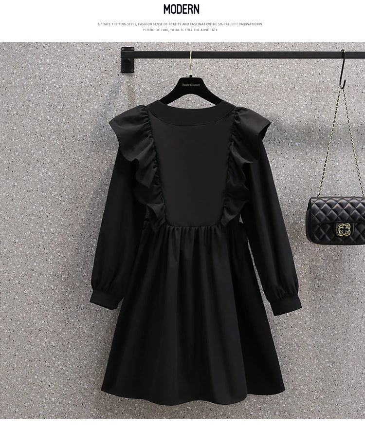 Plus Size Dresses Women Autumn New Arrivals Long Puff Sleeve Black V Neck A Line Dress Large Size Women Clothing Dress