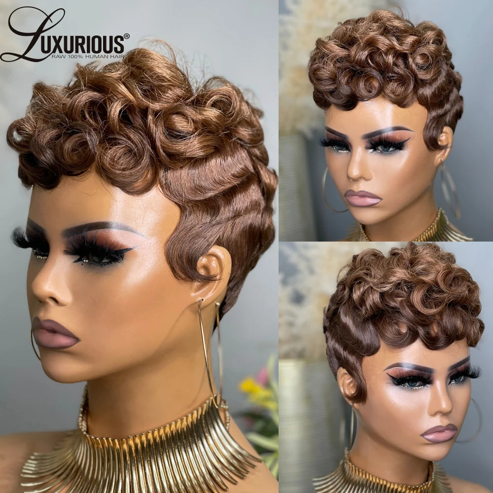 613 Blonde Wig Pixie Cut Human Hair Wig Short Bob Full Machine Made Wigs with Bangs Virgin Brazilian Wig for Women 180% Density