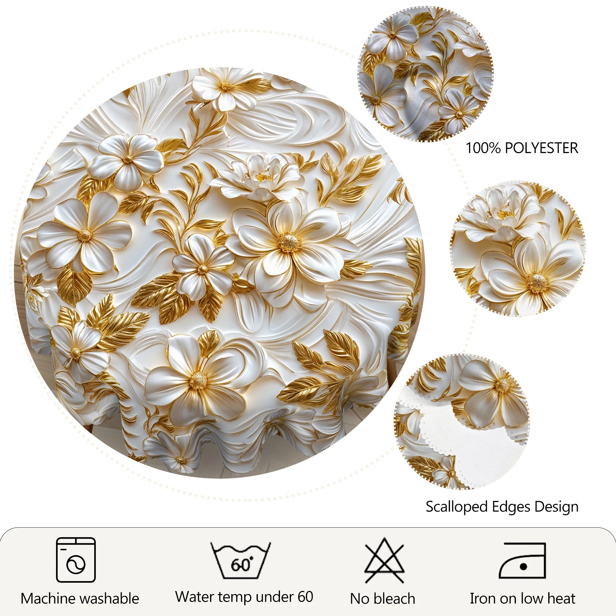 1 Mantel redondo y rectangular retro floral, disponible en varios tamaños, diseño de impresión de patrón floral dorado 3D estéreo, primavera y verano, adecuado para cocina casera, manteles para banquetes, Pascua, bodas, mar