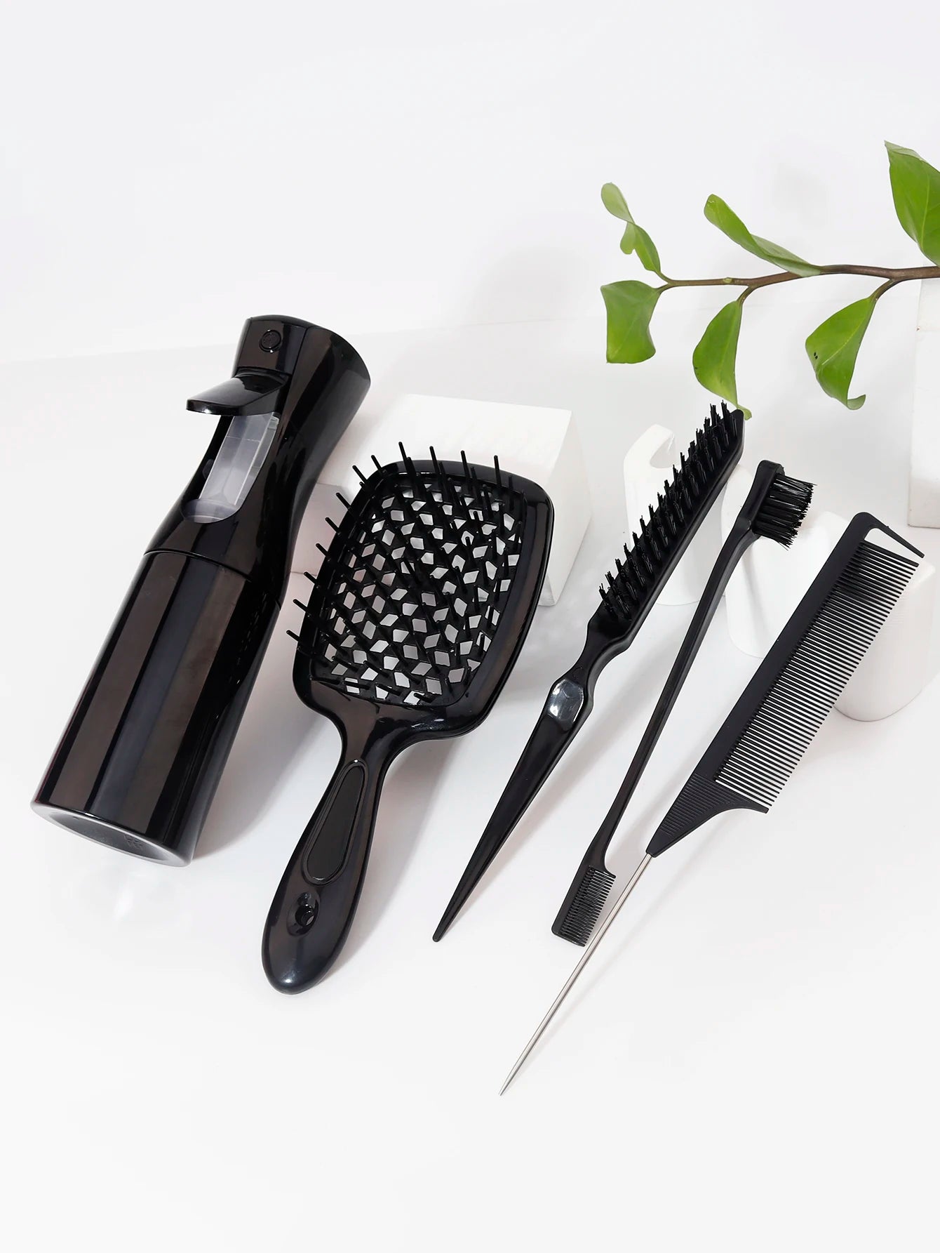 5 pieces/set of hair tool set, hollow comb, rat tail comb, tease comb, edge control comb, hair spray bottle