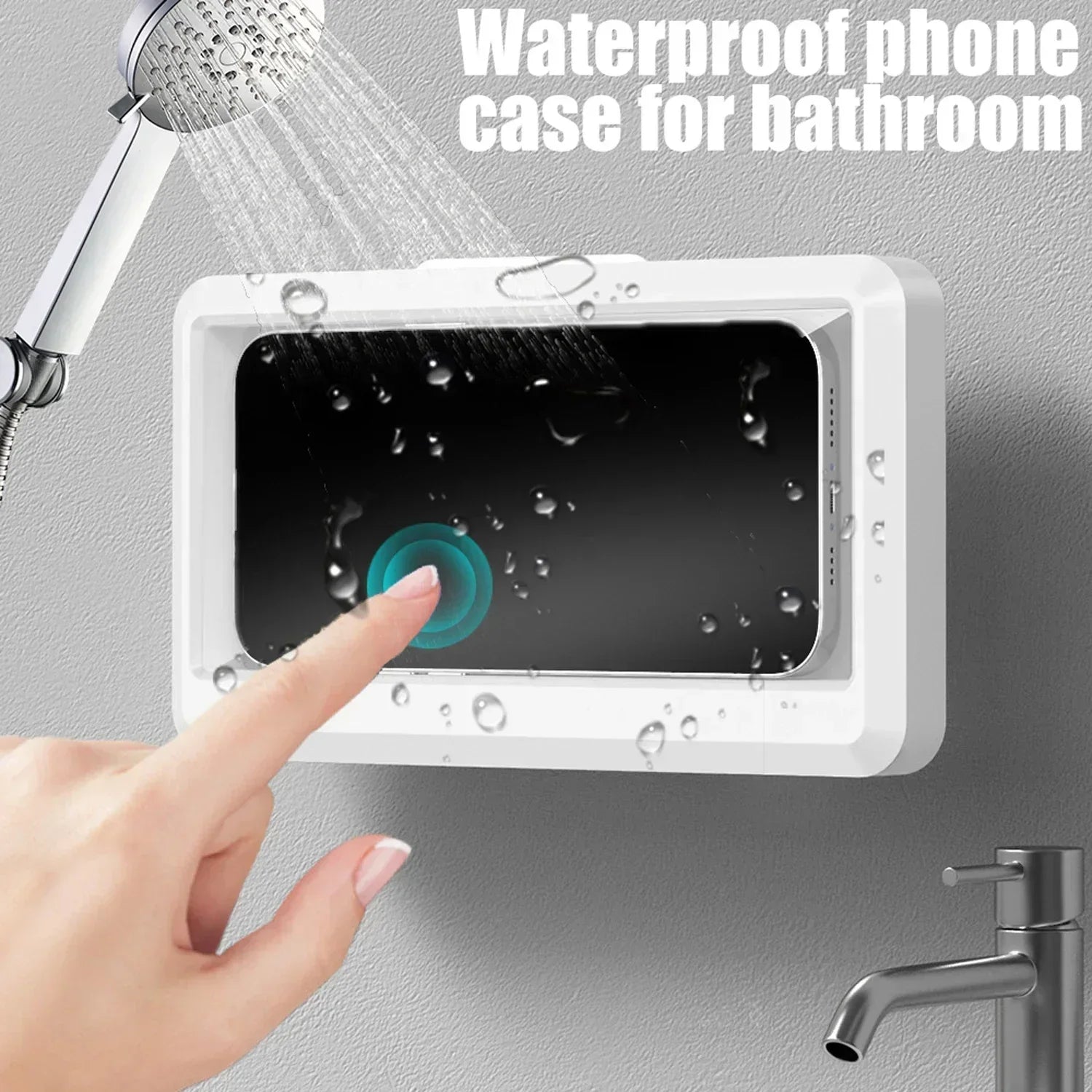 No Punch Shower Phone Case Waterproof Rotation Anti-fog Touch Wall Mount Phone Holder for iPhone Samsung Mi Universal Fit 6.8in